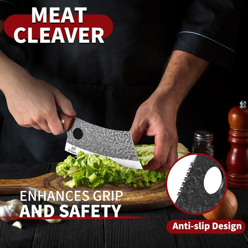 Ethyxe Butcher Knife Set – 3PCS Hand Forged Kitchen Knife Set with Serbian Chef Knife, Viking Boning Knife & Meat Cleaver, High Carbon Steel for Meat Cutting, Outdoor BBQ, Camping, Gift for Men - Image 4